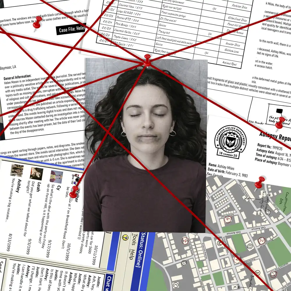 Game components: physical evidence photos and transcripts for Derek's Revenge game